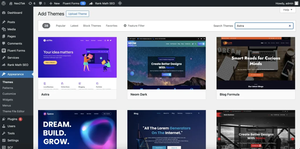 Giao diện cài đặt theme trong WordPress
