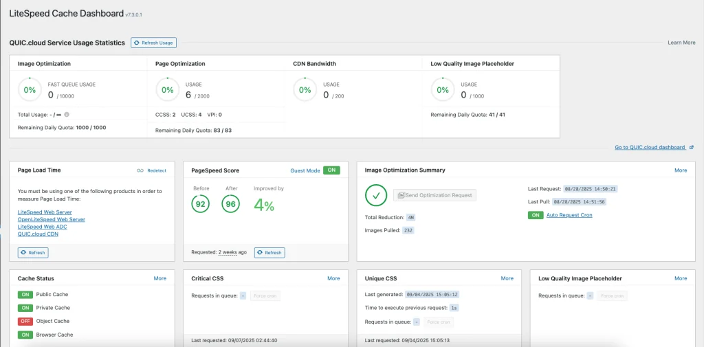 Làm thế nào để tạo website bán hàng bằng Wordpress? 6 Giao diện LiteSpeed Cache Dashboard