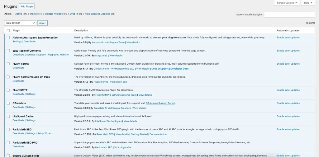 Giao diện trang quản lý Plugins trong WordPress